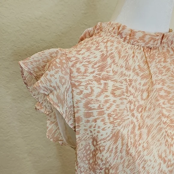 Oasis Peach Cream Patterned Flutter Sleeve Pleated Skirt Midi Spring Dress Sz 12 - Picture 3 of 9